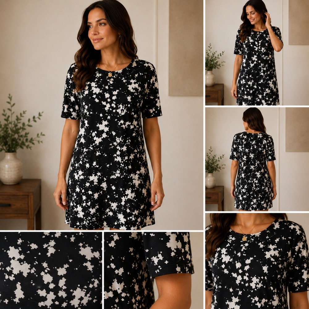 George Black White Abstract Splatter Print Shift Dress Short Sleeve Size UK 12